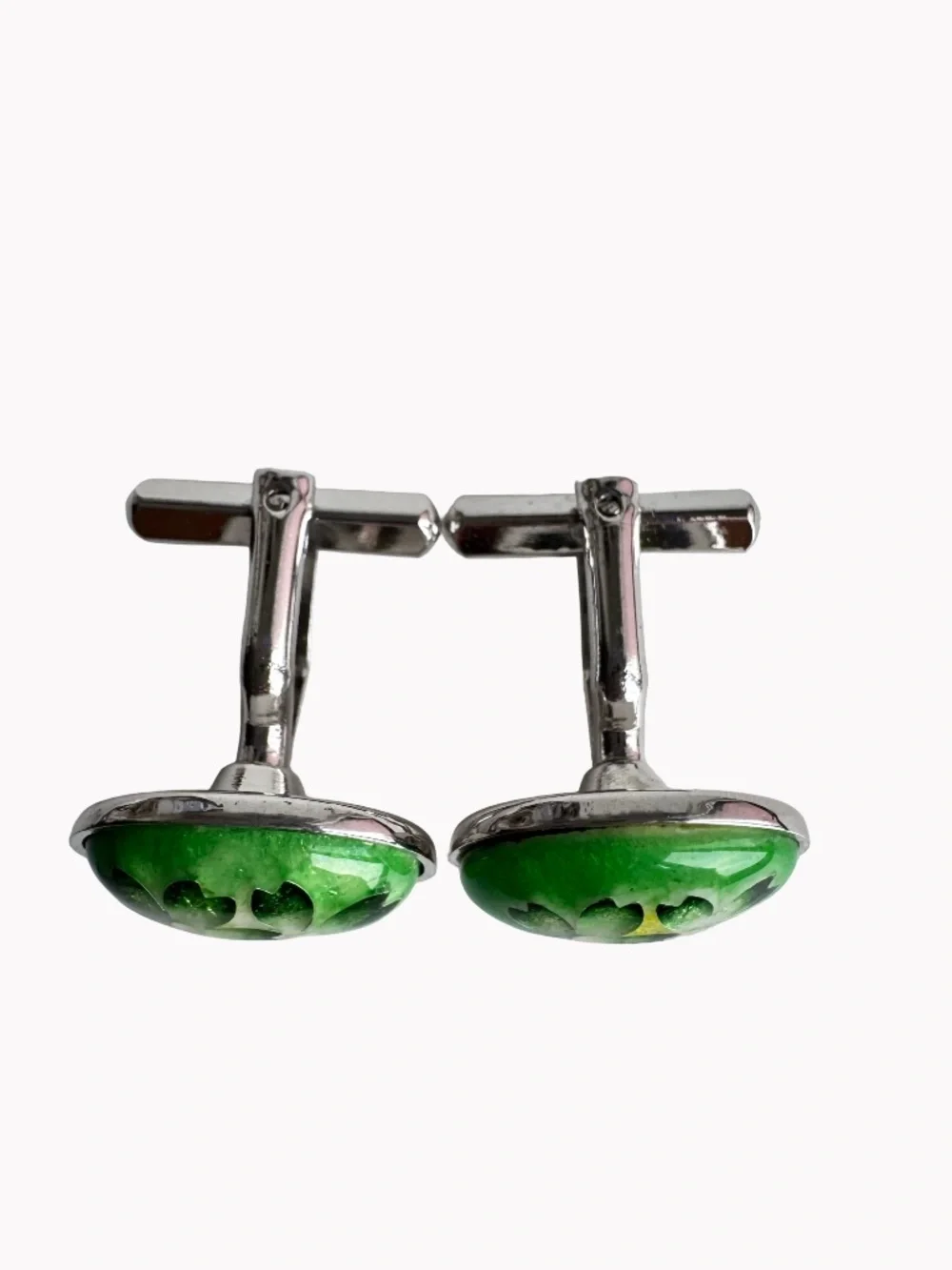 Vintage Cloisonne Enamel Cufflinks Green Floral Oval Silver Tone Mens Accessory